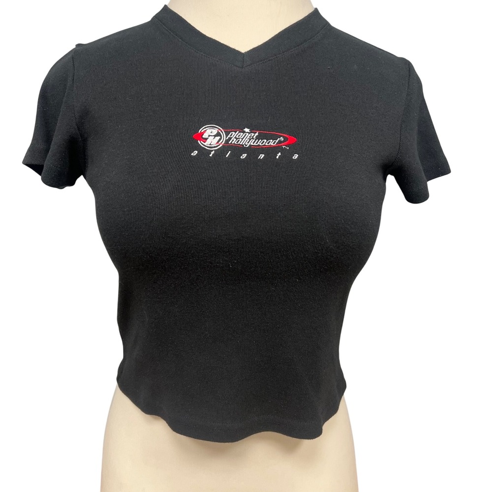 Planet Hollywood Atlanta T-Shirt V Neck Ribbed‎ Cropped Top Y2K Large